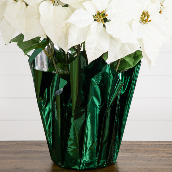 30” Artificial Grand White Velvet Poinsettia Arrangement in Green Wrapped Planter