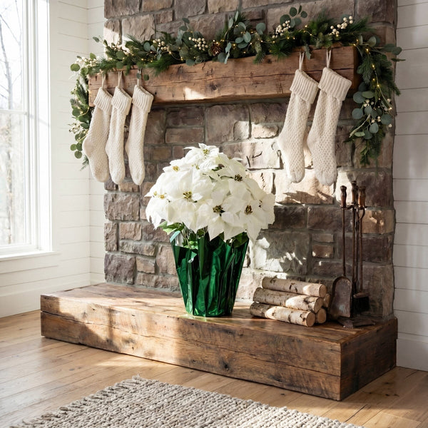30” Artificial Grand White Velvet Poinsettia Arrangement in Green Wrapped Planter