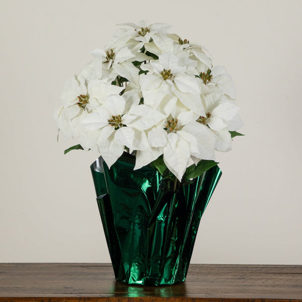 30” Artificial Grand White Velvet Poinsettia Arrangement in Green Wrapped Planter