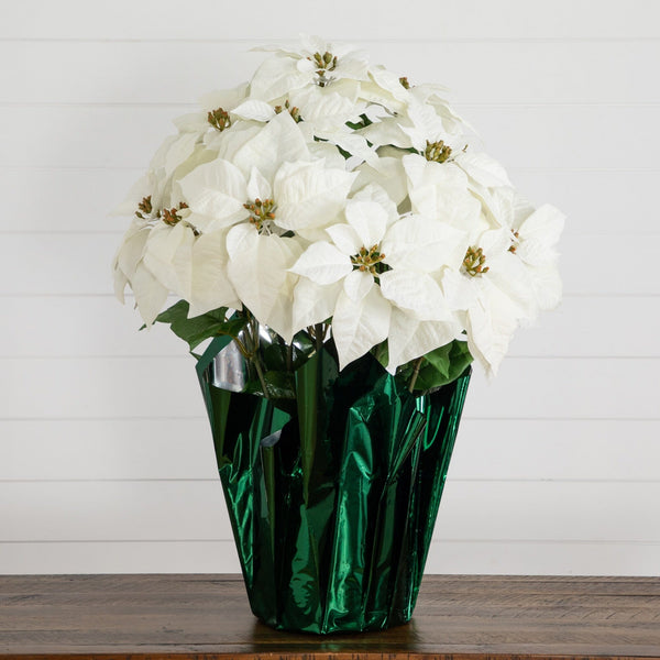 30” Artificial Grand White Velvet Poinsettia Arrangement in Green Wrapped Planter