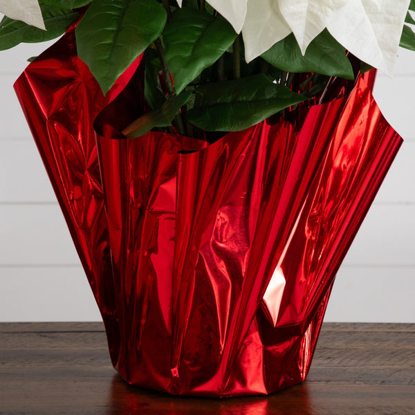 30” Artificial Grand White Velvet Poinsettia Arrangement in Red Wrapped Planter