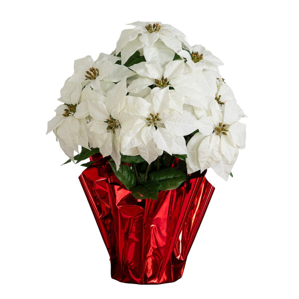 30” Artificial Grand White Velvet Poinsettia Arrangement in Red Wrapped Planter
