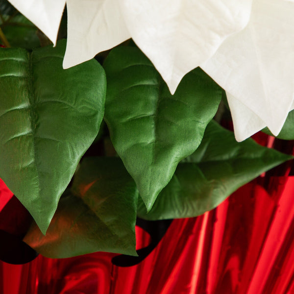 30” Artificial Grand White Velvet Poinsettia Arrangement in Red Wrapped Planter
