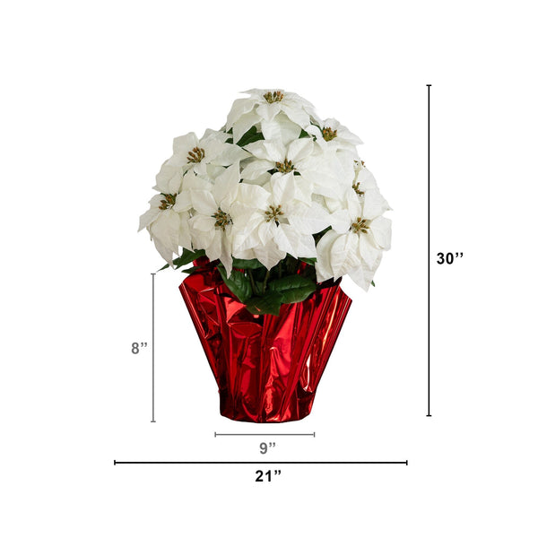 30” Artificial Grand White Velvet Poinsettia Arrangement in Red Wrapped Planter