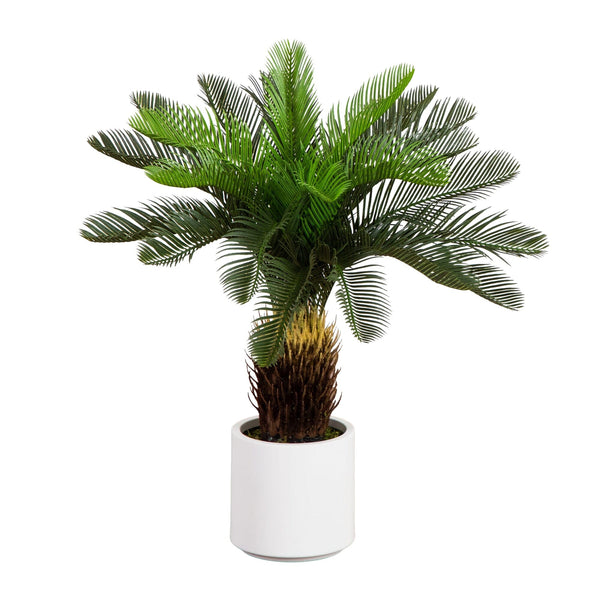 30" UV Resistant Artificial Cycas Palm Tree in White Decorative Planter (Indoor/Outdoor)
