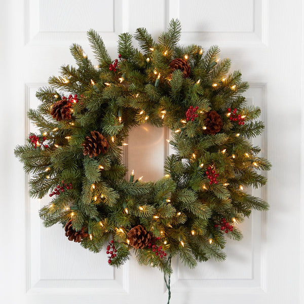 30” Lighted Pine Wreath w/Berries & Pine Cones