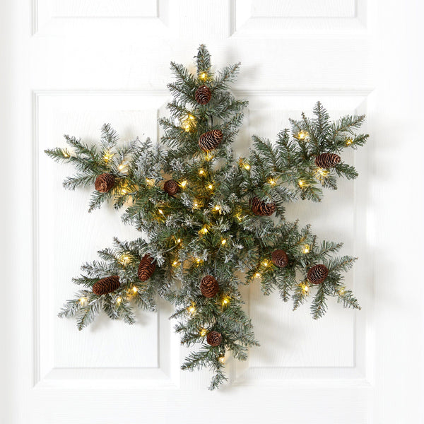 30” Pre-Lit Flocked Snowflake Artificial Dunhill Fir Wreath with Pinecones and 40 LED Lights