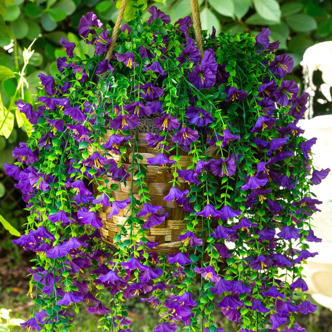 purple flower hanging plant 30" UV Resistant Artificial Morning Glory Hanging Plant (Indoor/Outdoo – Nearly Natural