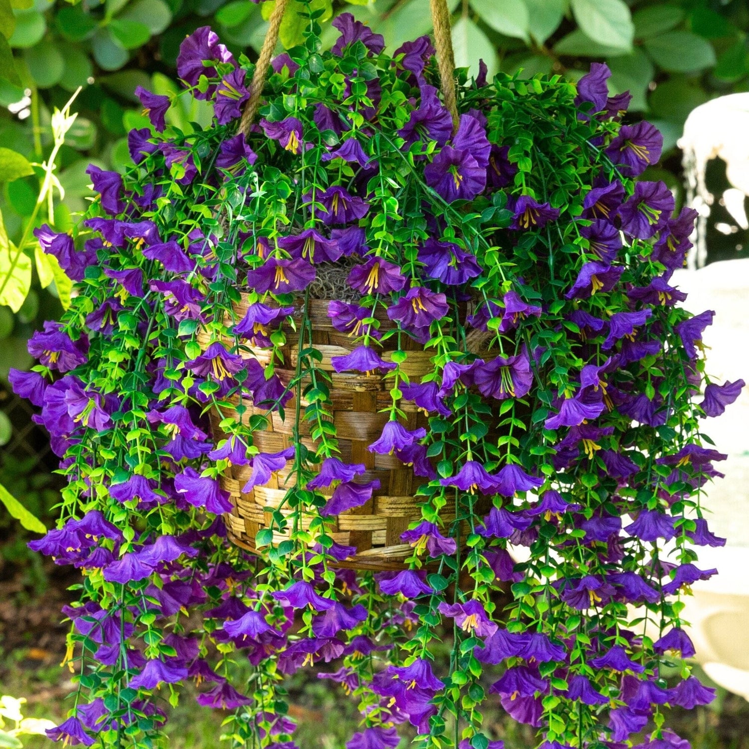 hanging purple flower plant 30" UV Resistant Artificial Morning Glory Hanging Plant (Indoor/Outdoo – Nearly Natural