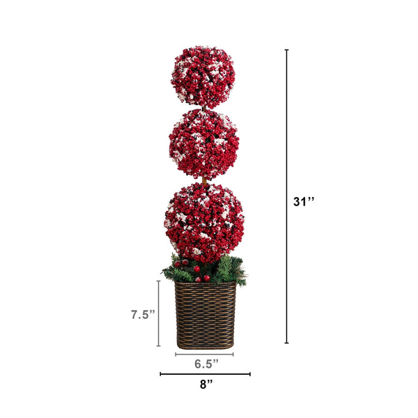 31” Artificial Christmas Snowed Holly Berry Triple Ball Topiary Tree with 45 LED Lights in Decorative Planter