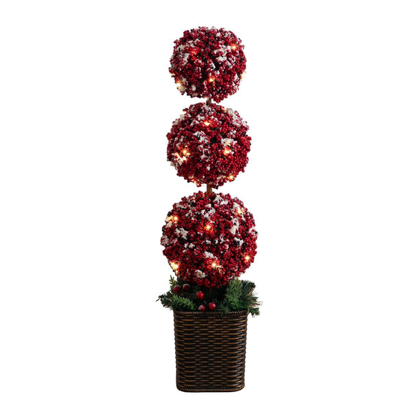31” Artificial Christmas Snowed Holly Berry Triple Ball Topiary Tree with 45 LED Lights in Decorative Planter