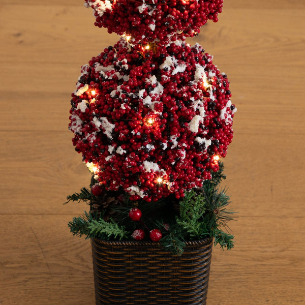 31” Artificial Christmas Snowed Holly Berry Triple Ball Topiary Tree with 45 LED Lights in Decorative Planter