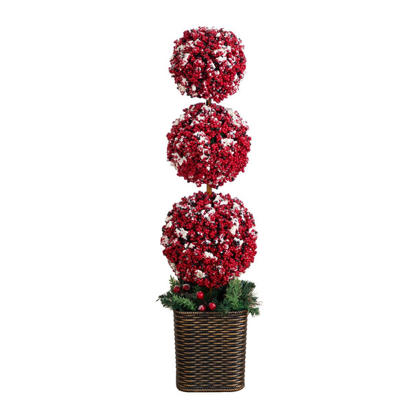 31” Artificial Christmas Snowed Holly Berry Triple Ball Topiary Tree with 45 LED Lights in Decorative Planter