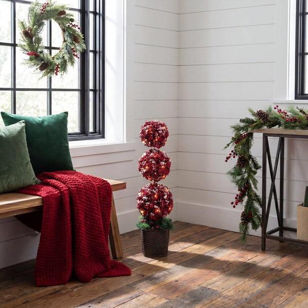 31” Artificial Christmas Snowed Holly Berry Triple Ball Topiary Tree with 45 LED Lights in Decorative Planter