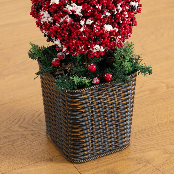 31” Artificial Christmas Snowed Holly Berry Triple Ball Topiary Tree with 45 LED Lights in Decorative Planter