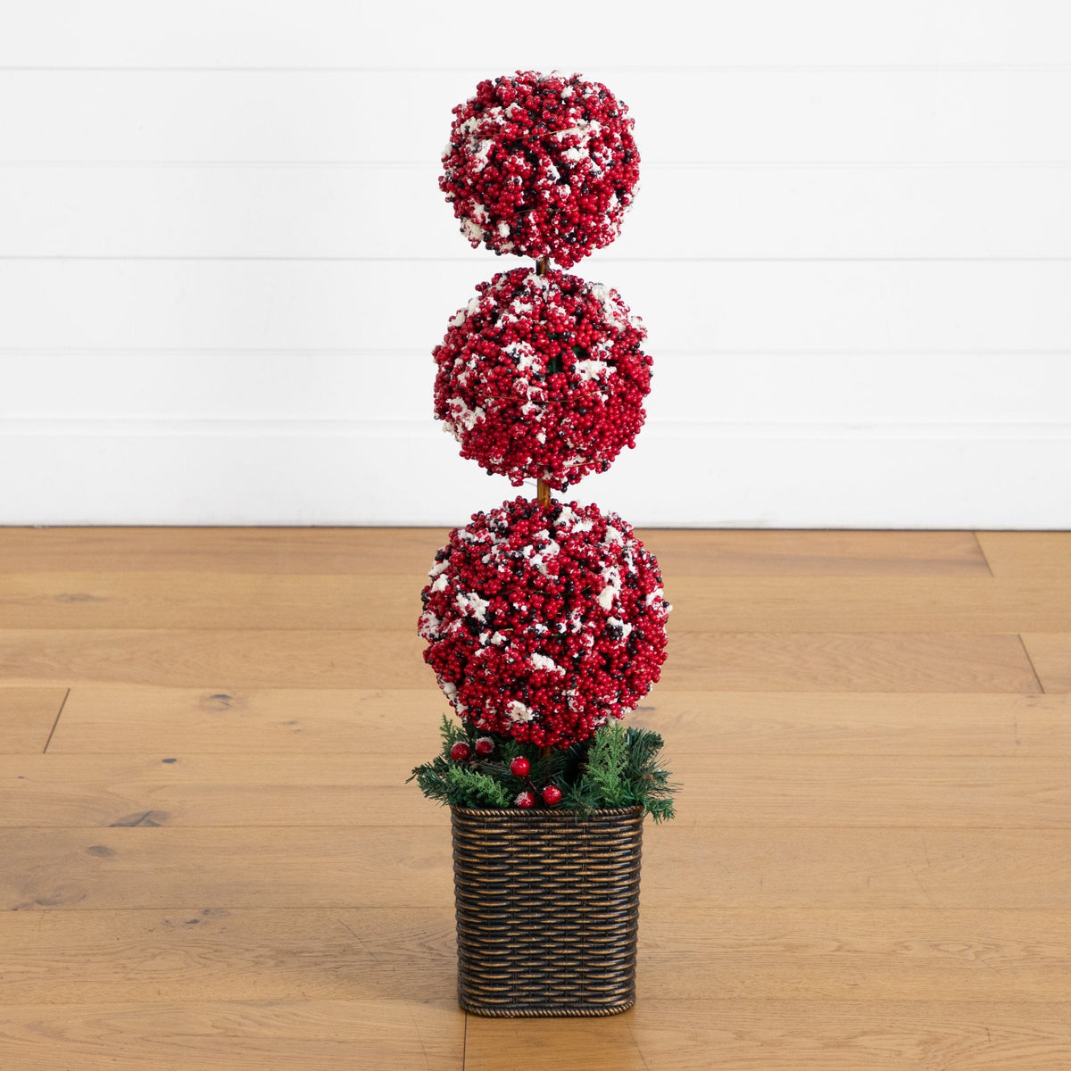 31” Artificial Christmas Snowed Holly Berry Triple Ball Topiary Tree with 45 LED Lights in Decorative Planter