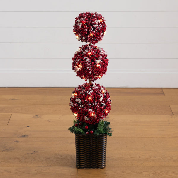 31” Artificial Christmas Snowed Holly Berry Triple Ball Topiary Tree with 45 LED Lights in Decorative Planter