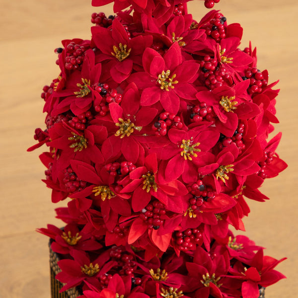 31” Pre-Lit Artificial Christmas Poinsettia Triple Ball Topiary Tree with 45 LED Lights in Decorative Planter