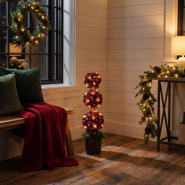 31” Pre-Lit Artificial Christmas Poinsettia Triple Ball Topiary Tree with 45 LED Lights in Decorative Planter