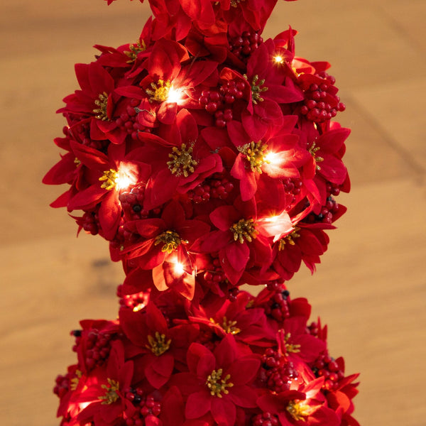 31” Pre-Lit Artificial Christmas Poinsettia Triple Ball Topiary Tree with 45 LED Lights in Decorative Planter