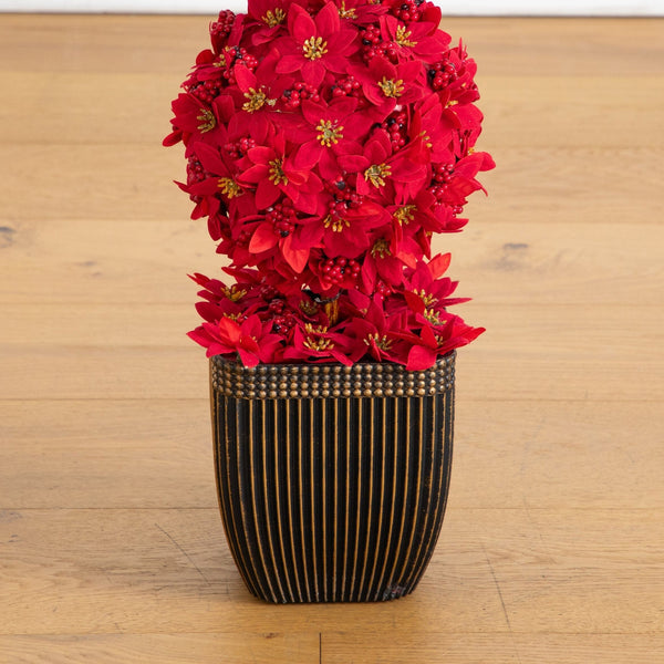 31” Pre-Lit Artificial Christmas Poinsettia Triple Ball Topiary Tree with 45 LED Lights in Decorative Planter