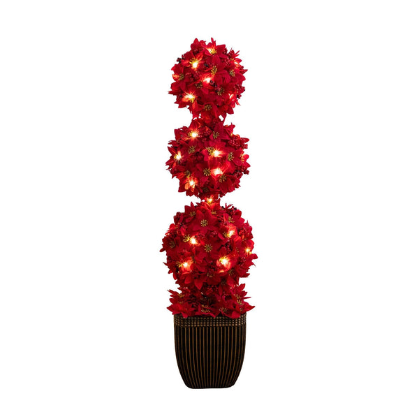 31” Pre-Lit Artificial Christmas Poinsettia Triple Ball Topiary Tree with 45 LED Lights in Decorative Planter