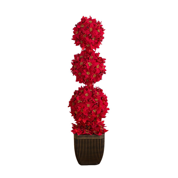 31” Pre-Lit Artificial Christmas Poinsettia Triple Ball Topiary Tree with 45 LED Lights in Decorative Planter