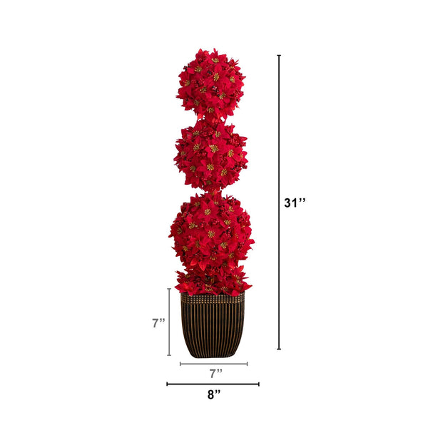 31” Pre-Lit Artificial Christmas Poinsettia Triple Ball Topiary Tree with 45 LED Lights in Decorative Planter