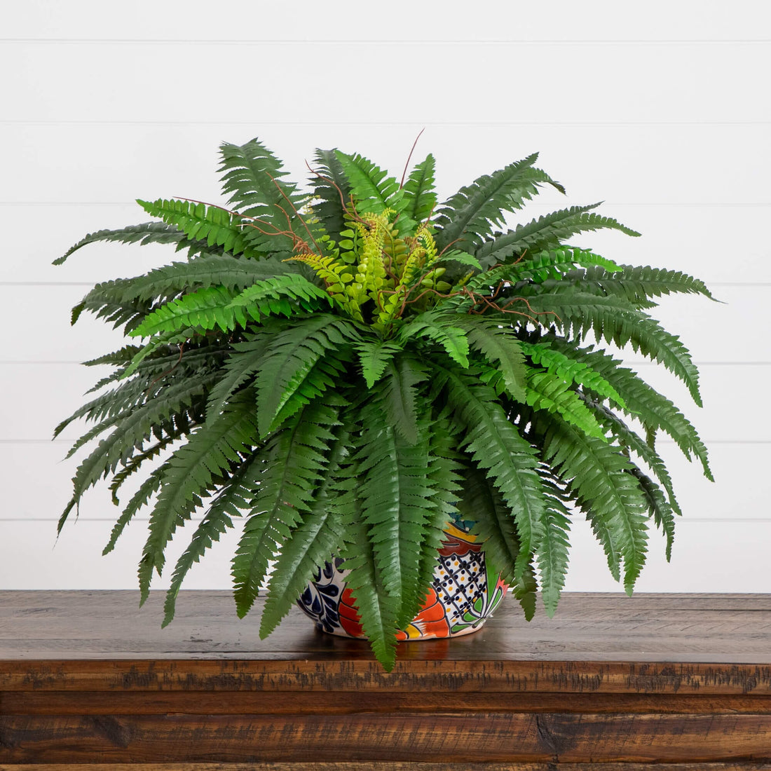 32 Artificial Double Boston Fern in Handmade Mexican Talavera Ceramic  Planter | Nearly Natural