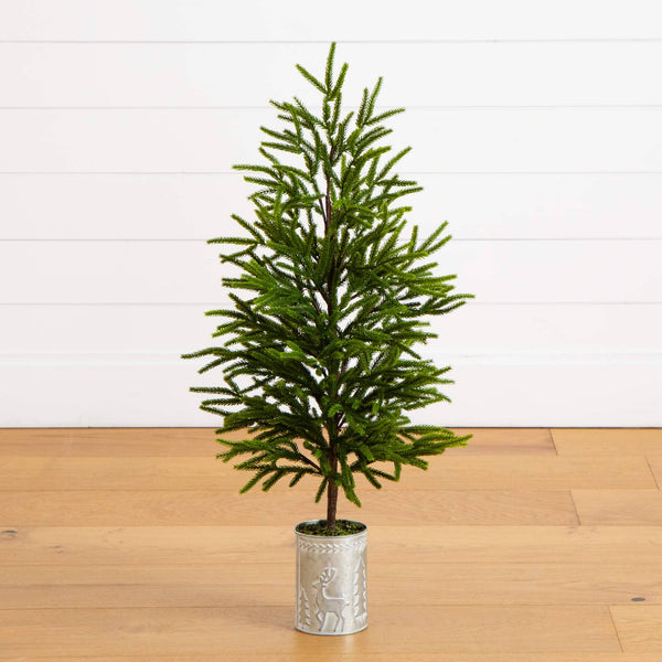 32" Artificial Real Touch Norfolk Island Pine in Christmas Tin Metal Planter with Natural Look