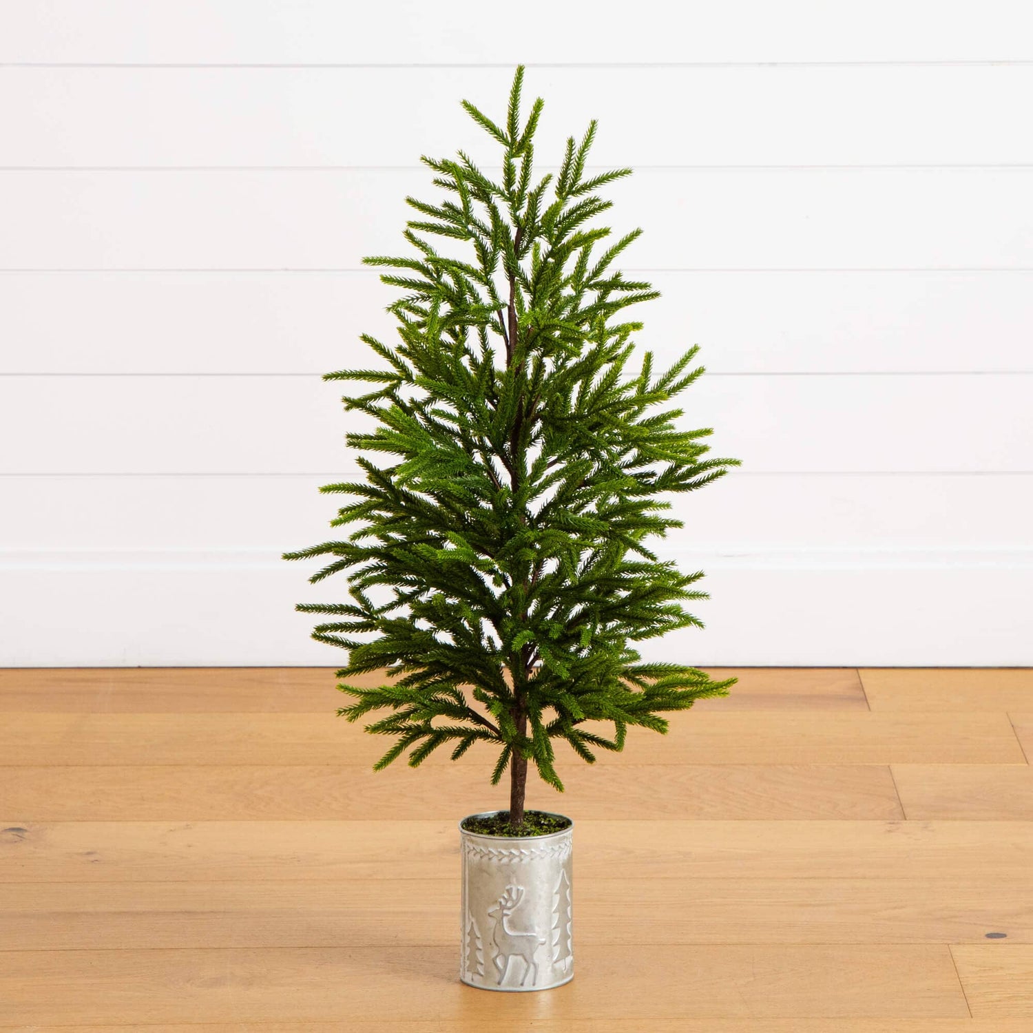 32" Artificial Real Touch Norfolk Island Pine in Christmas Tin Metal Planter with Natural Look