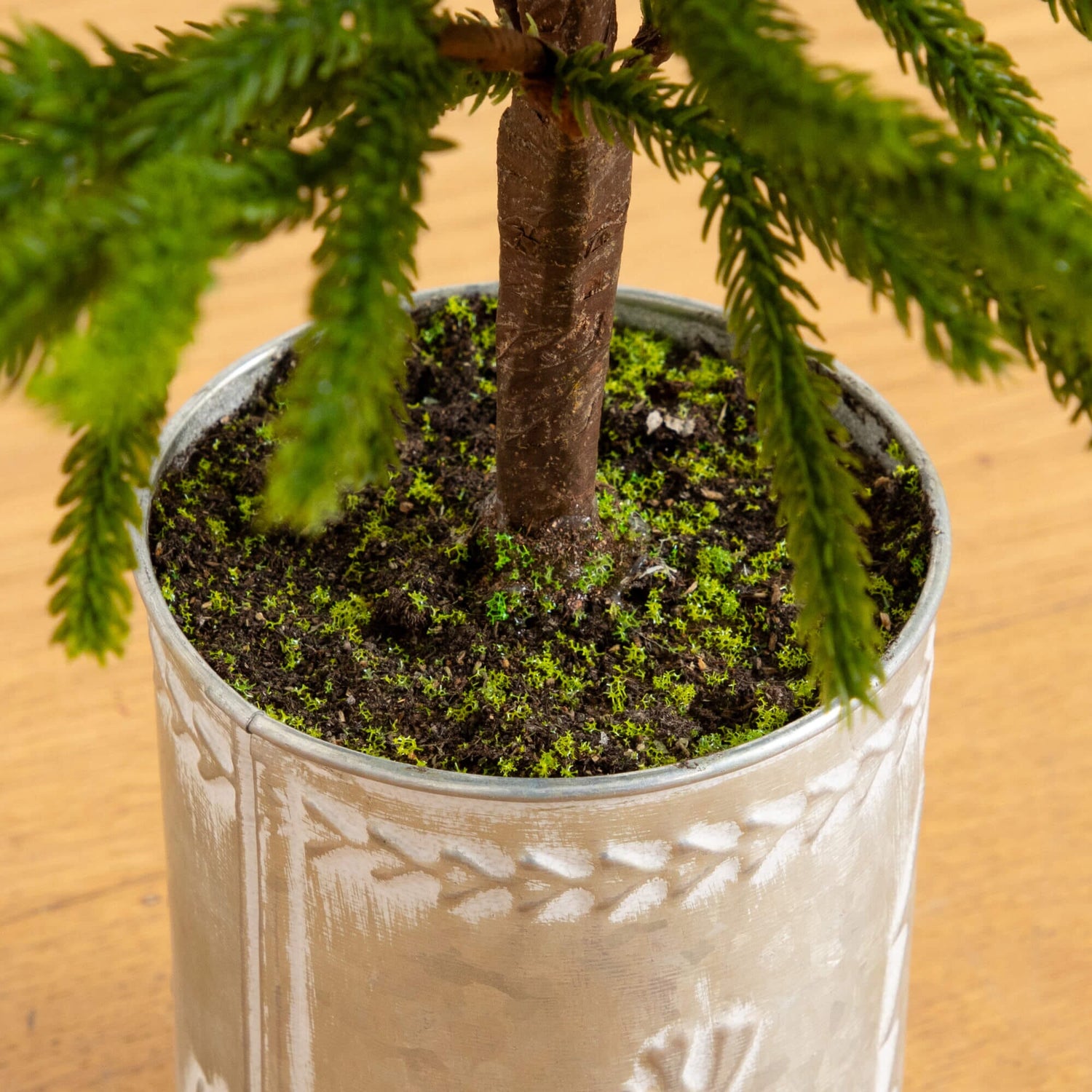 32" Artificial Real Touch Norfolk Island Pine in Christmas Tin Metal Planter with Natural Look