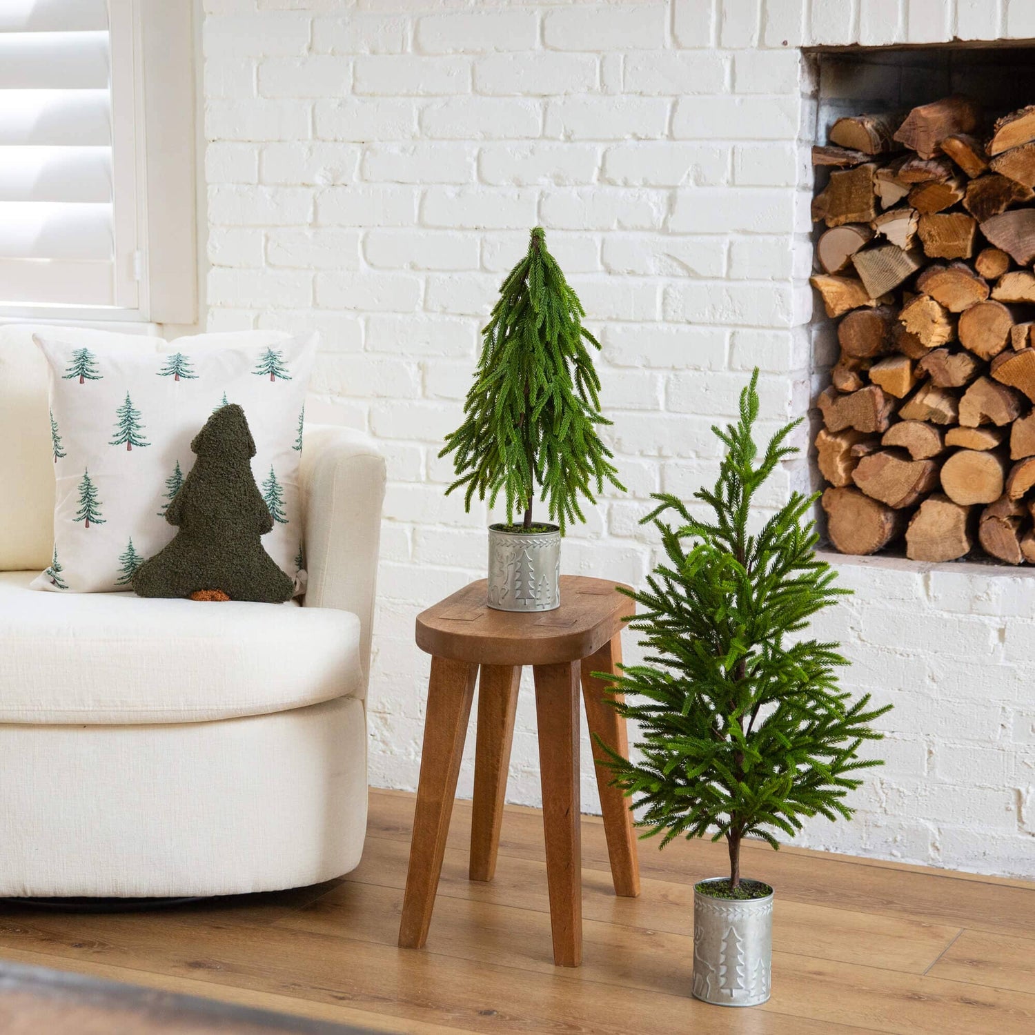 32" Artificial Real Touch Norfolk Island Pine in Christmas Tin Metal Planter with Natural Look