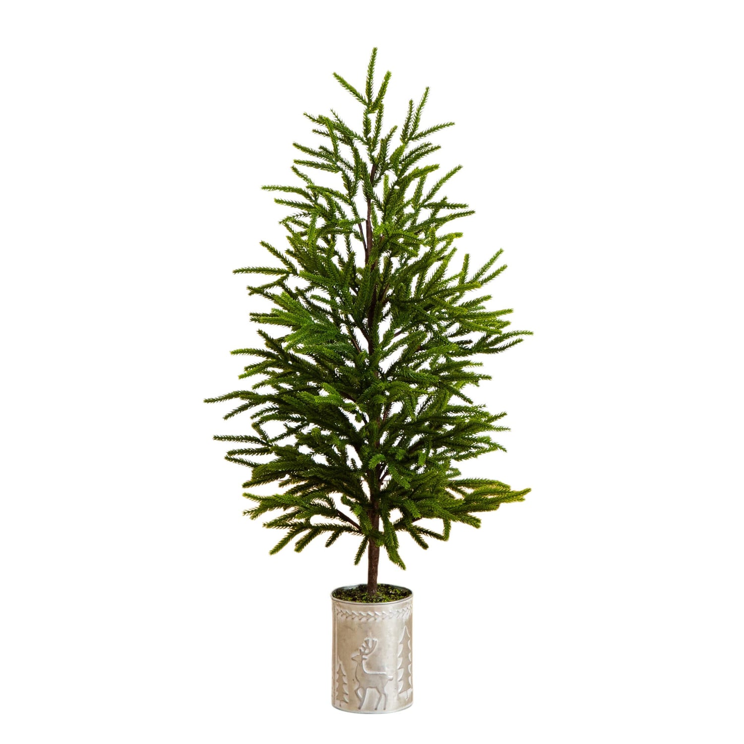 32" Artificial Real Touch Norfolk Island Pine in Christmas Tin Metal Planter with Natural Look
