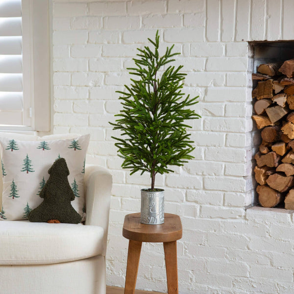 32" Artificial Real Touch Norfolk Island Pine in Christmas Tin Metal Planter with Natural Look
