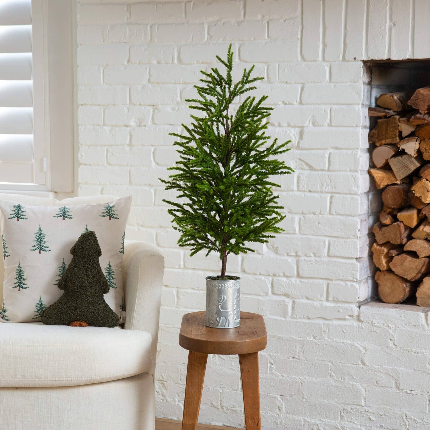 32" Artificial Real Touch Norfolk Island Pine in Christmas Tin Metal Planter with Natural Look