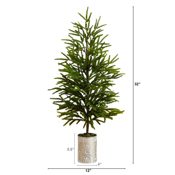 32" Artificial Real Touch Norfolk Island Pine in Christmas Tin Metal Planter with Natural Look
