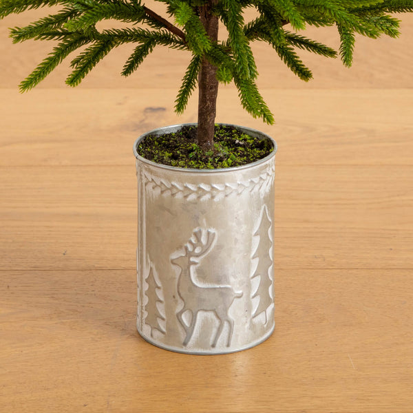 32" Artificial Real Touch Norfolk Island Pine in Christmas Tin Metal Planter with Natural Look