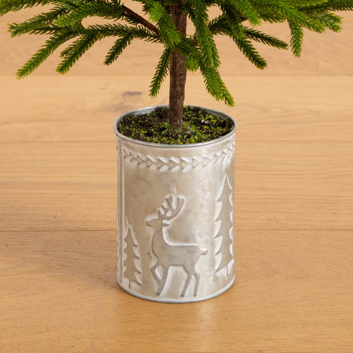 32" Artificial Real Touch Norfolk Island Pine in Christmas Tin Metal Planter with Natural Look