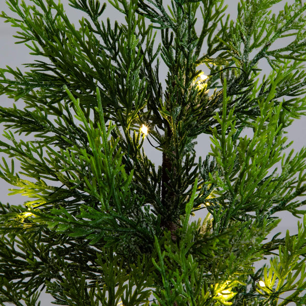 32" Pre-Lit Artificial Lightly Snowed Cypress Christmas Tree with 30 Warm White LED Lights in Decorative Weaved Basket