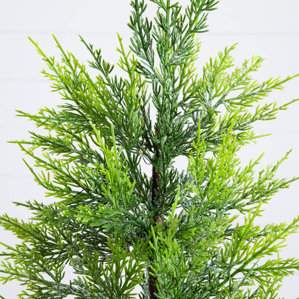 32" Pre-Lit Artificial Lightly Snowed Cypress Christmas Tree with 30 Warm White LED Lights in Decorative Weaved Basket