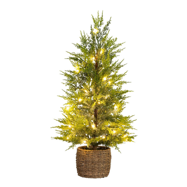 32" Pre-Lit Artificial Lightly Snowed Cypress Christmas Tree with 30 Warm White LED Lights in Decorative Weaved Basket