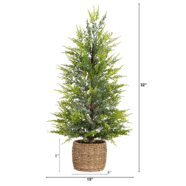 32" Pre-Lit Artificial Lightly Snowed Cypress Christmas Tree with 30 Warm White LED Lights in Decorative Weaved Basket