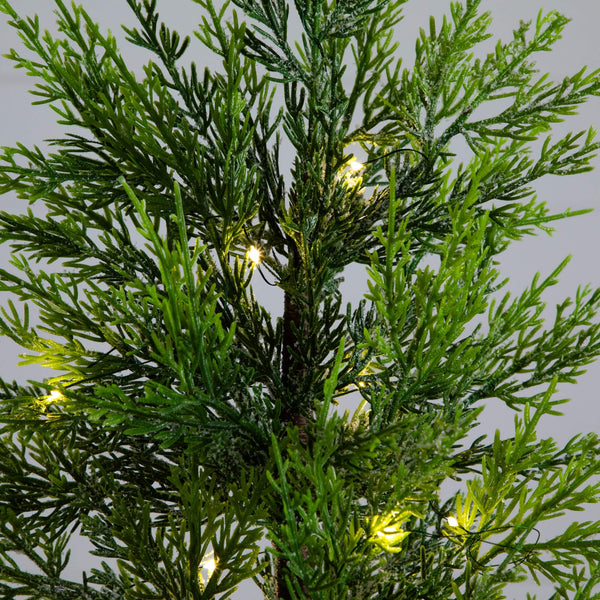 32" Pre-Lit Artificial Lightly Snowed Cypress Christmas Tree with 30 Warm White LED Lights in Decorative Weaved Basket
