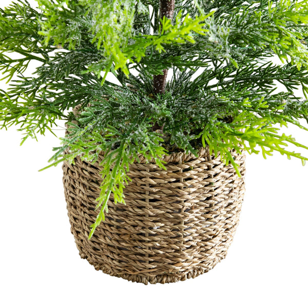32" Pre-Lit Artificial Lightly Snowed Cypress Christmas Tree with 30 Warm White LED Lights in Decorative Weaved Basket