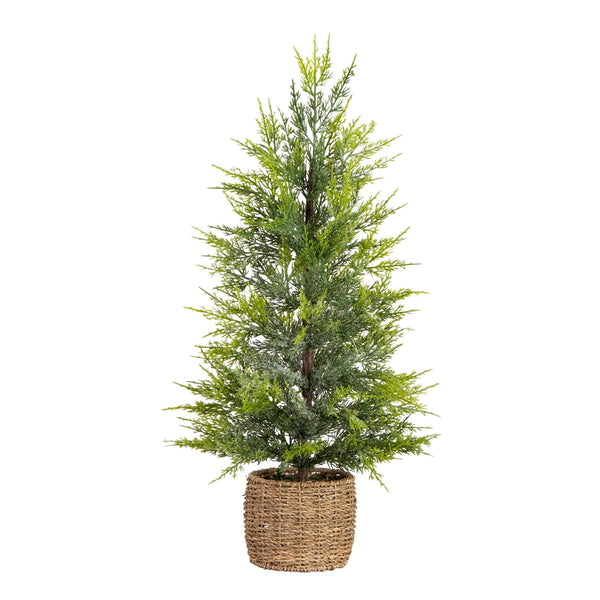 32" Pre-Lit Artificial Lightly Snowed Cypress Christmas Tree with 30 Warm White LED Lights in Decorative Weaved Basket