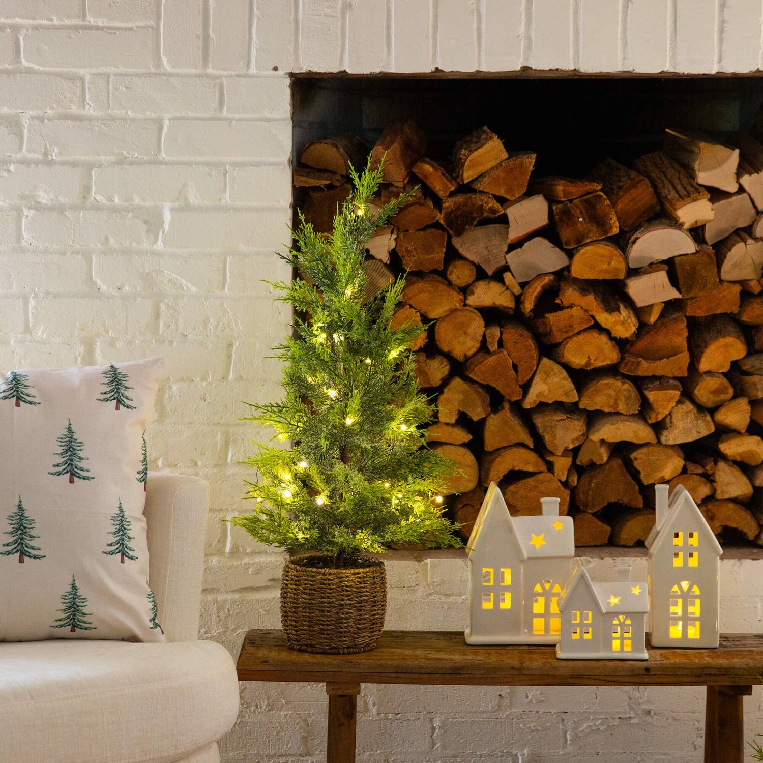 32" Pre-Lit Artificial Lightly Snowed Cypress Christmas Tree with 30 Warm White LED Lights in Decorative Weaved Basket