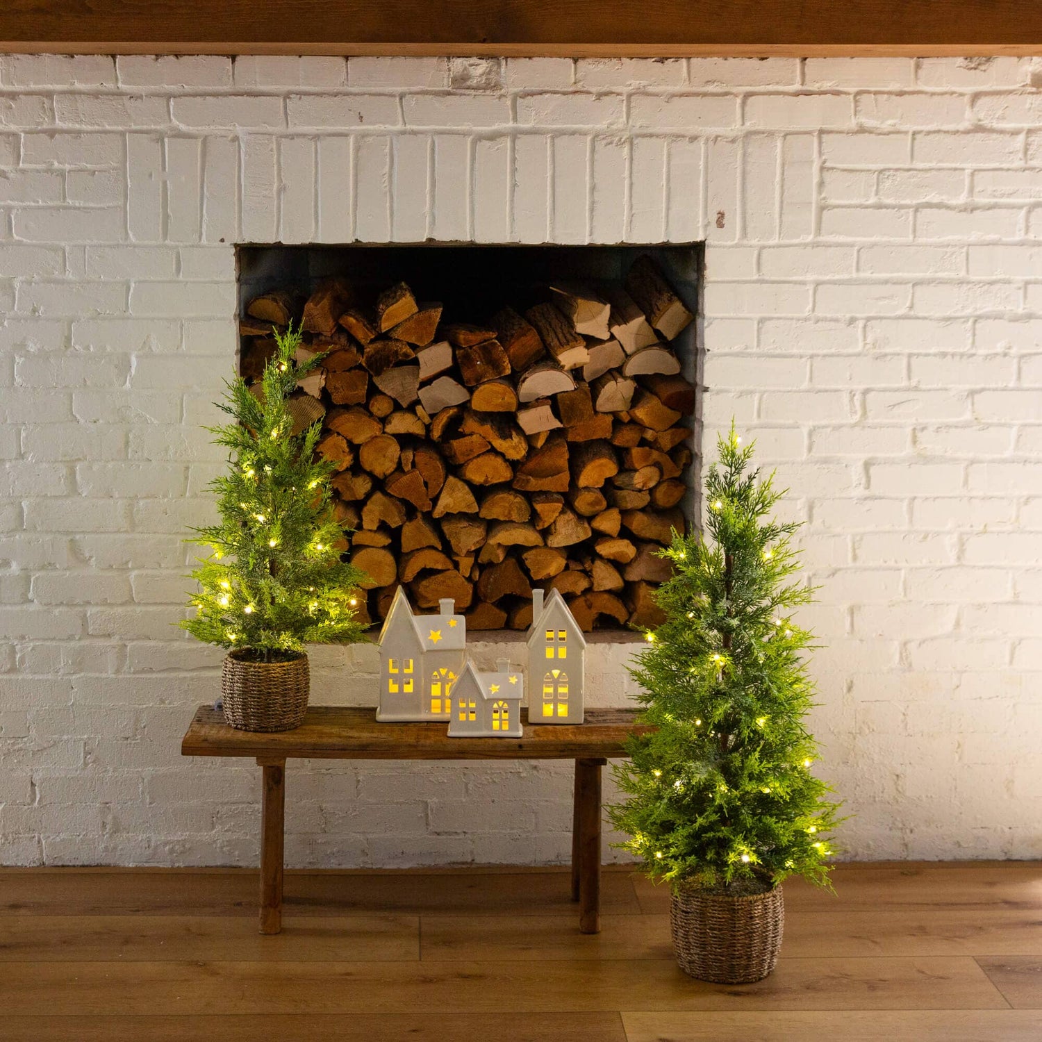 32" Pre-Lit Artificial Lightly Snowed Cypress Christmas Tree with 30 Warm White LED Lights in Decorative Weaved Basket