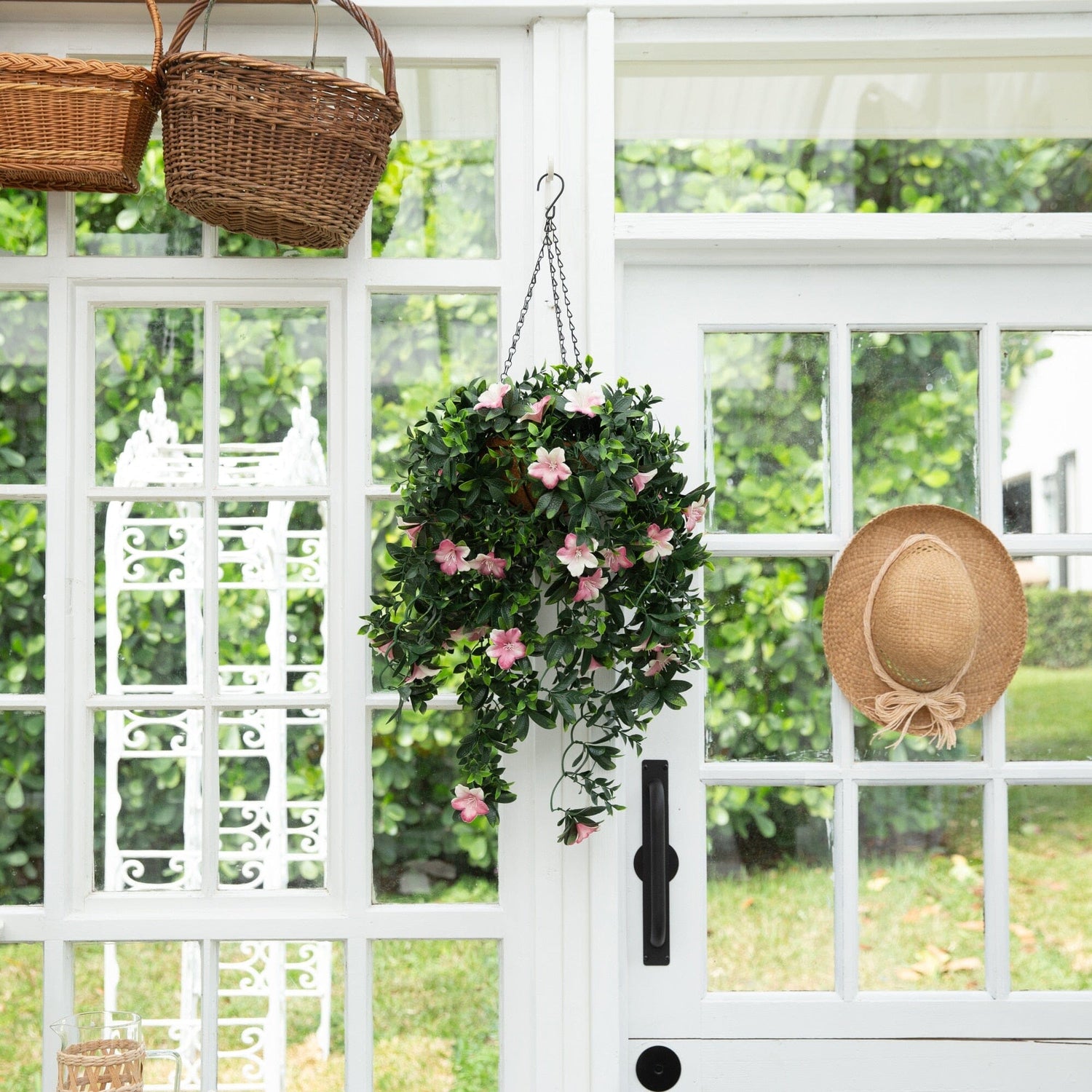 34" UV Resistant Artificial Azalea Hanging Basket (Indoor/Outdoor)