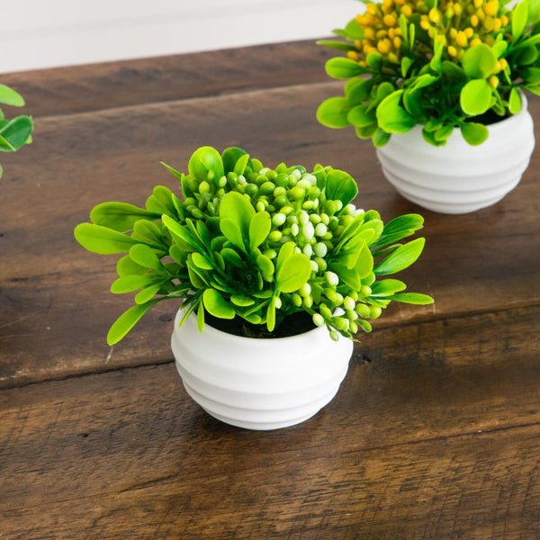 3.5” Artificial Mini Flowering Arrangement in White Decorative Oval Planter - Set of 6